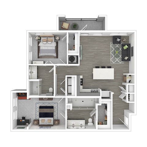 A 3D floor plan of a house with a kitchen, living room, and bedrooms.